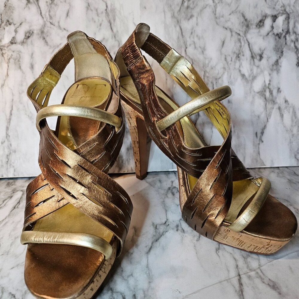 DVF Diane von Furstenberg Bronze Gold Leather Cork Stilettos 8.5